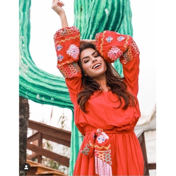 JUDITH March Gypsy Knot Red Embroidered Dress S - Picture 9 of 9